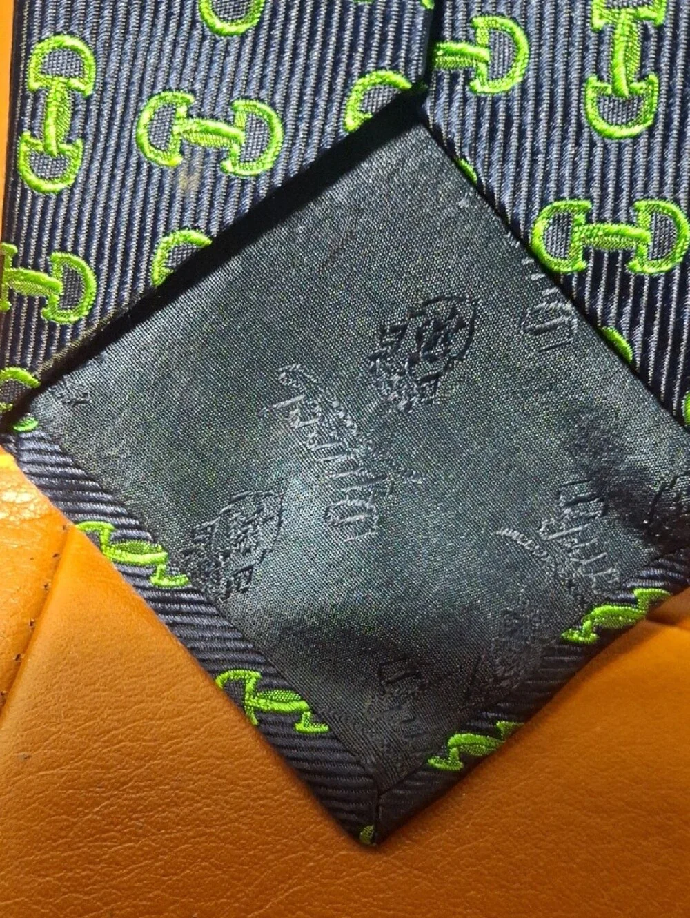 Gucci Navy Silk Tie with Green Interlocking Pattern